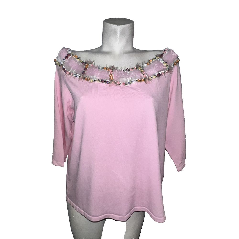 CABO Sweater Size 2X Vintage Pink Sequin Floral‎ Trim 3/4 Sleeve Knit Top Whimsy